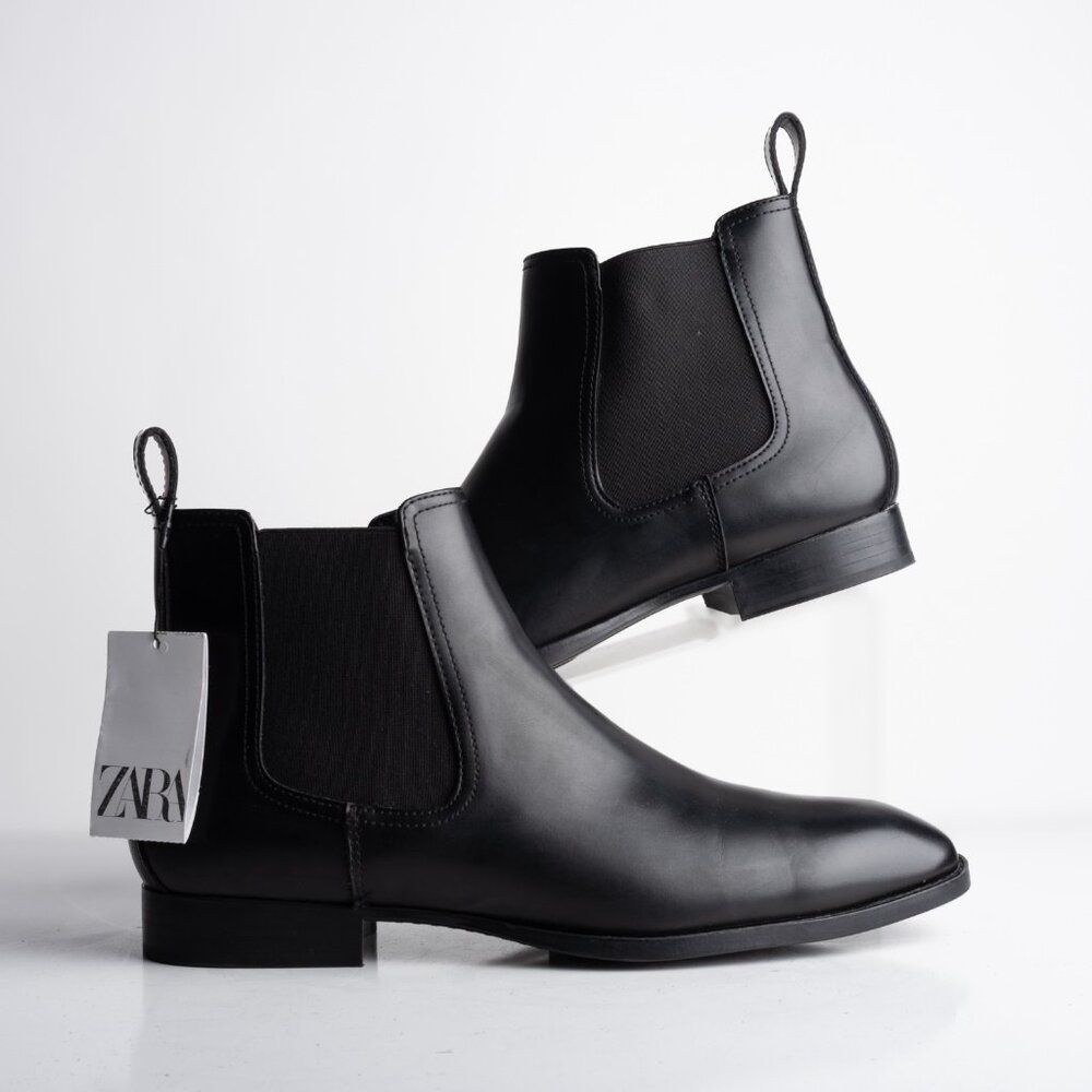 Zara Mens Faux Leather Stretch Ankle Boots Chelsea Black Sz US 12 EU 45 NWT
